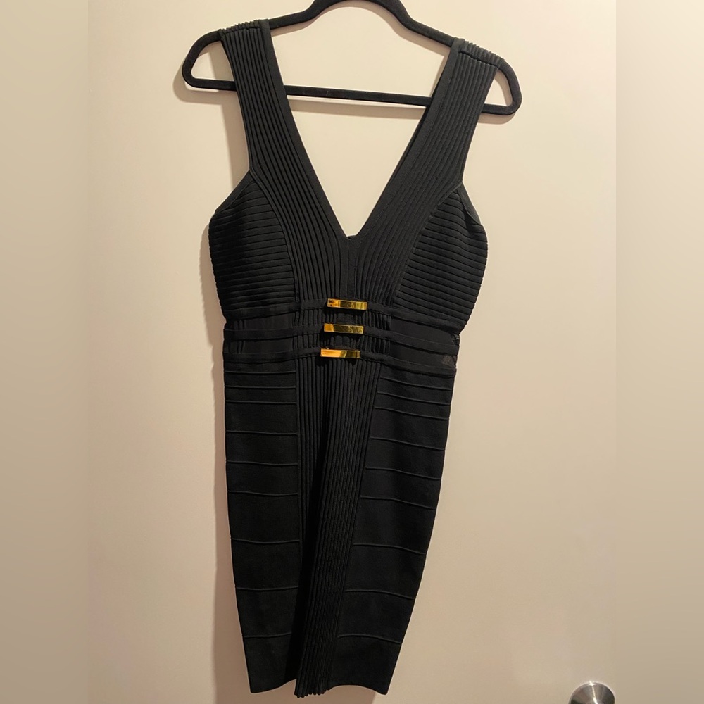 Bodycon Bebe Mini Dress with Gold Accents and Sheer Paneling, size M